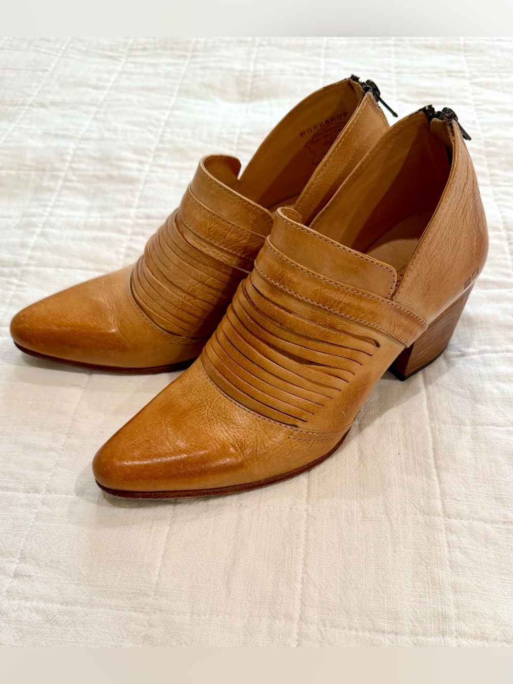 Bed|Stu Brown Leather Ankle Heeled Booties with Unique Slit Front Detail